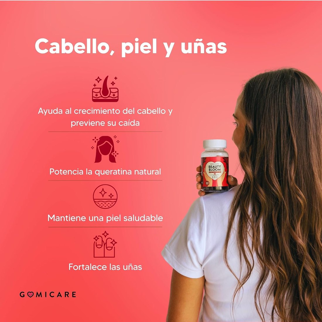 Infografía de Gomicare Beauty Bloom: cabello, piel y uñas