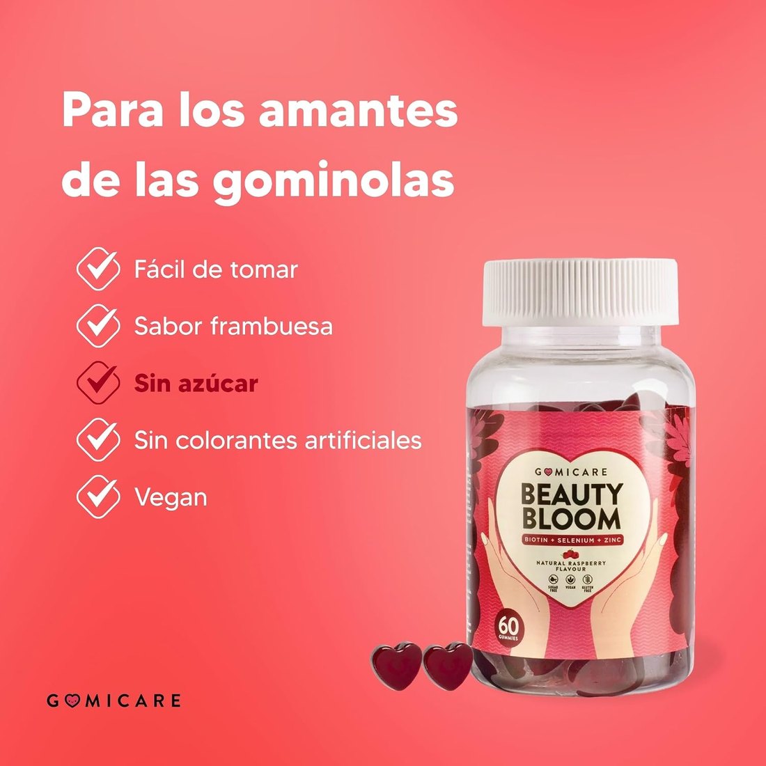 Infografía de Gomicare Beauty Bloom: sin azúcar, vegano, sin colorantes